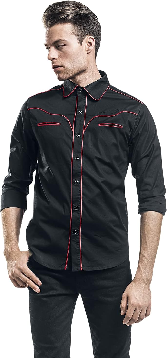Banned Alternative Plain Trim Männer Langarmhemd schwarz/rot XL