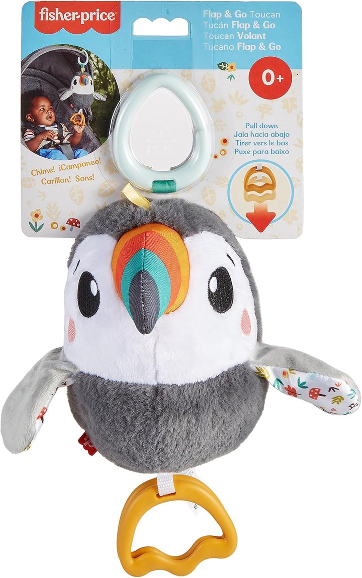 Fisher-Price Flap & Go Tukan - Plüschiges Kinderwagenspielzeug, fördert Feinmotorik und sensorische