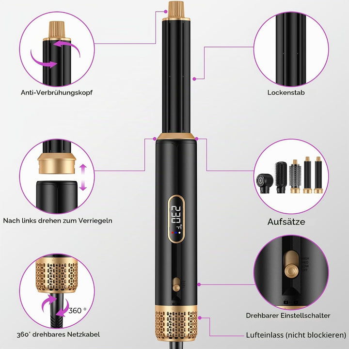 UMIGA 5 IN 1 Hairstyler Haarstyler 1000W, LCD Air Brush Rundbürstenföhn, Lockenstab und Haarglätter,