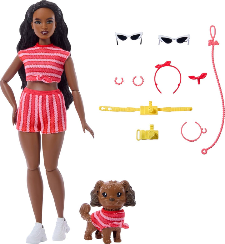 Barbie Twinning Looks Puppe mit Hund in passender rot gestreifter Kleidung und Accessoires für Sonne