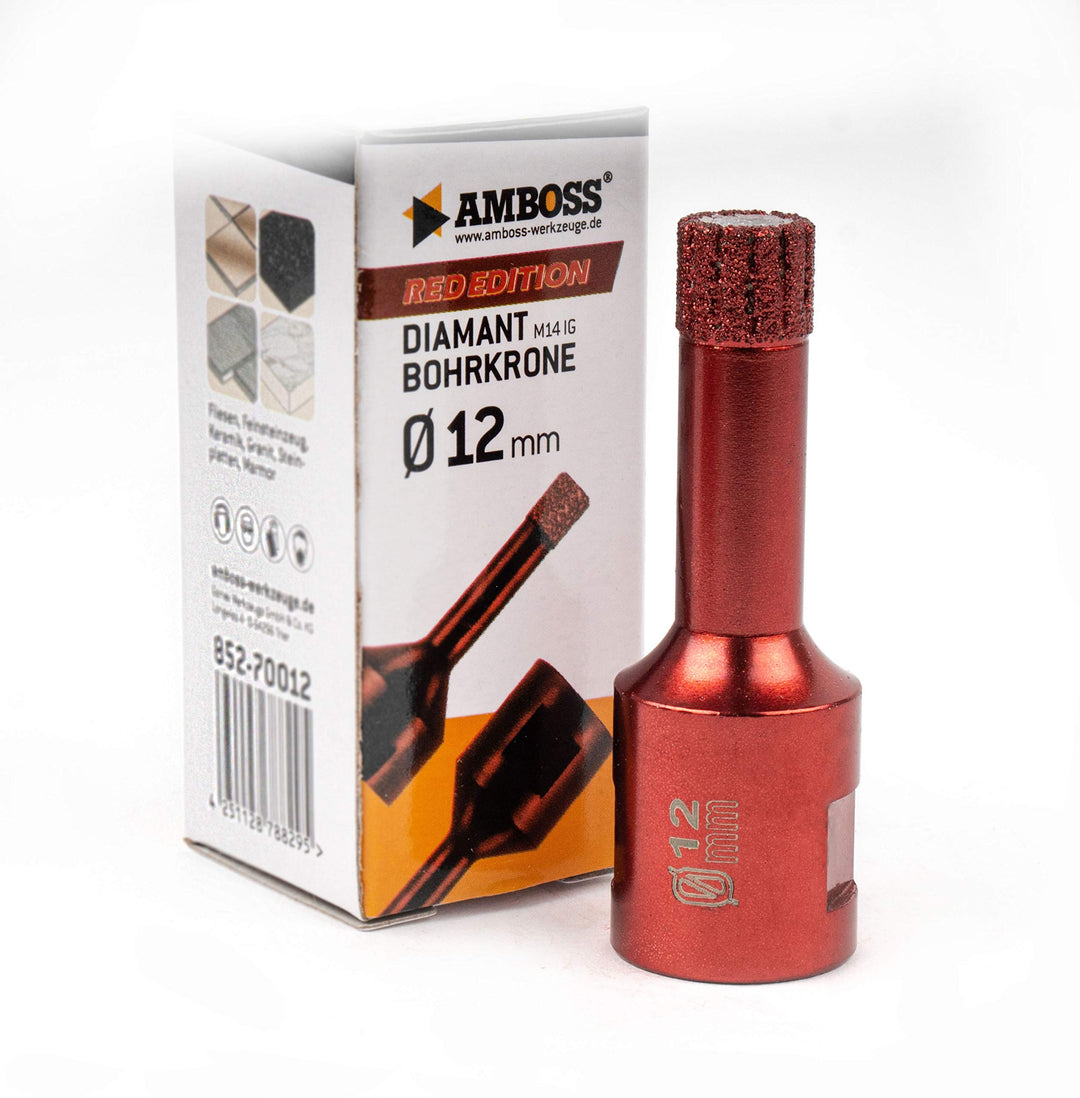 Diamant Bohrkrone Ø12mm - Amboss RED EDITION M14 - für Winkelschleifer - Feinsteinzeug, harte Fliese