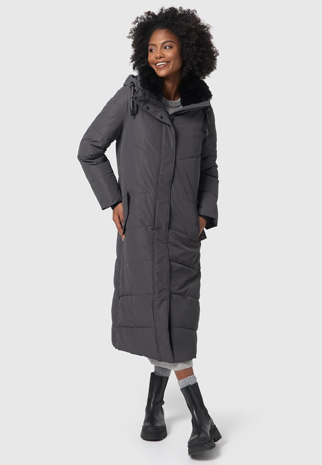 Navahoo Damen Wintermantel Steppmantel extralang mit Abnehmbarer Kapuze Hingucker XIV XS-XXL XS Anth