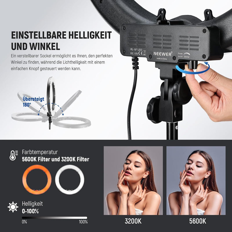 Neewer Ringleuchte Licht Set: 18 Zoll / 48 Zentimeter Aussen 55W 5500K dimmbare LED-Ringlicht Lampen