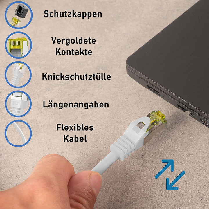 BIGtec LAN Kabel 5 Stück 3m Netzwerkkabel CAT7 Ethernet Internet Patchkabel CAT.7 weiss Gigabit dopp