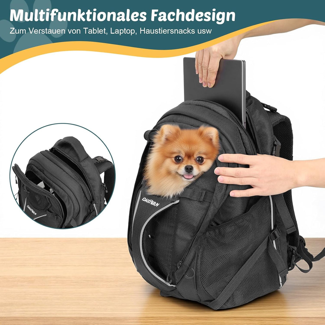 Hunderucksack Wandern bis 8KG, Ergonomischer Katzenrucksack mit Laptopfach & Bequemes Sitzkissen, be
