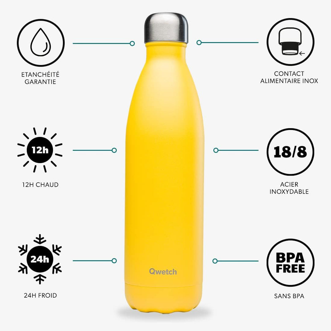 Qwetch - Pop Thermosflasche - Gelb 750ml - 24 Stunden kalt und 12 Stunden warm - Dicht, BPA-frei & w