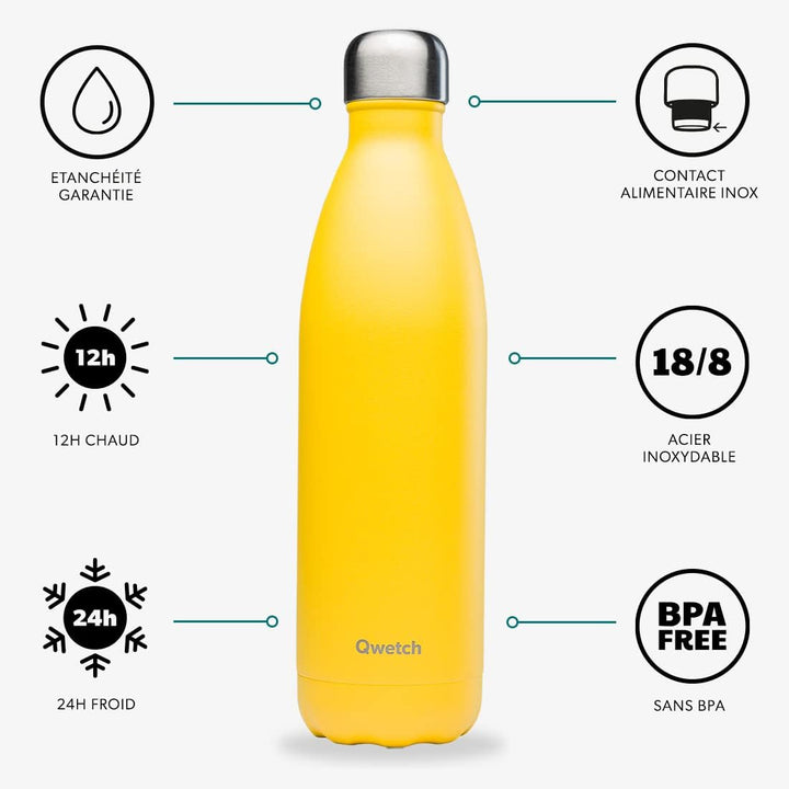 Qwetch - Pop Thermosflasche - Gelb 750ml - 24 Stunden kalt und 12 Stunden warm - Dicht, BPA-frei & w