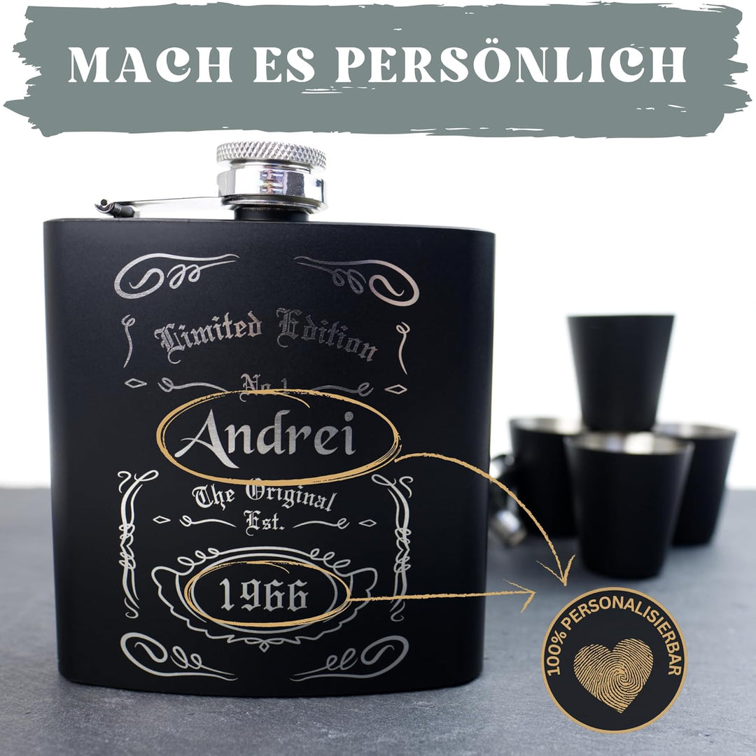 Personalisierter Flachmann Set Mit Gravur - Geschenkidee für Hochzeit und Männer - Edelstahl Flachma