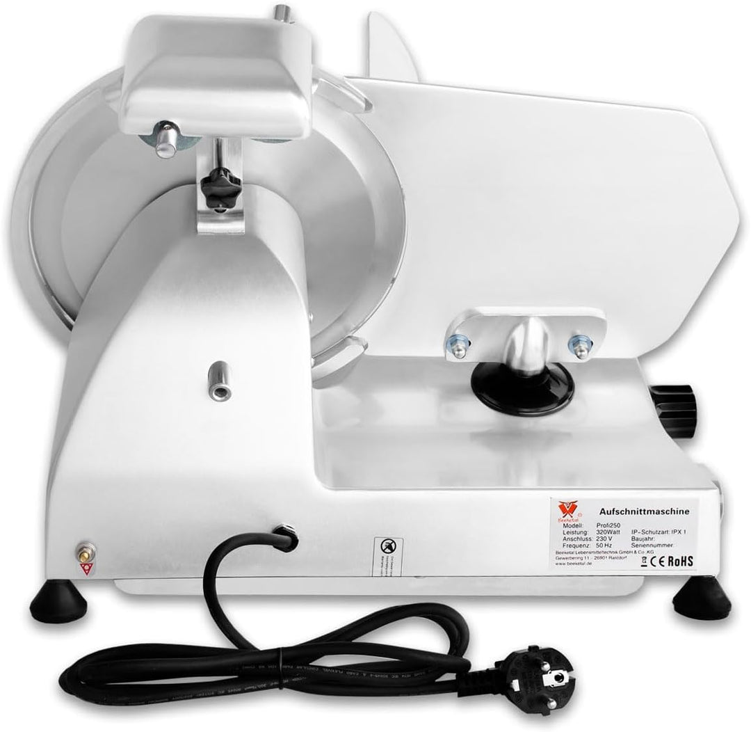 Beeketal 'Profi 250' Aufschnittmaschine mit Ø 250 mm Spezialmesser (glatte Schneide), Schnittstärke