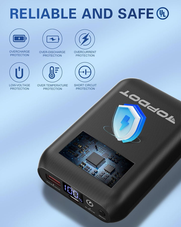 Topdot 16000mAh Powerbank für Heizweste, Beheizbarer Westen-Akkupack, DC- und USB-Ausgangsanschlüsse
