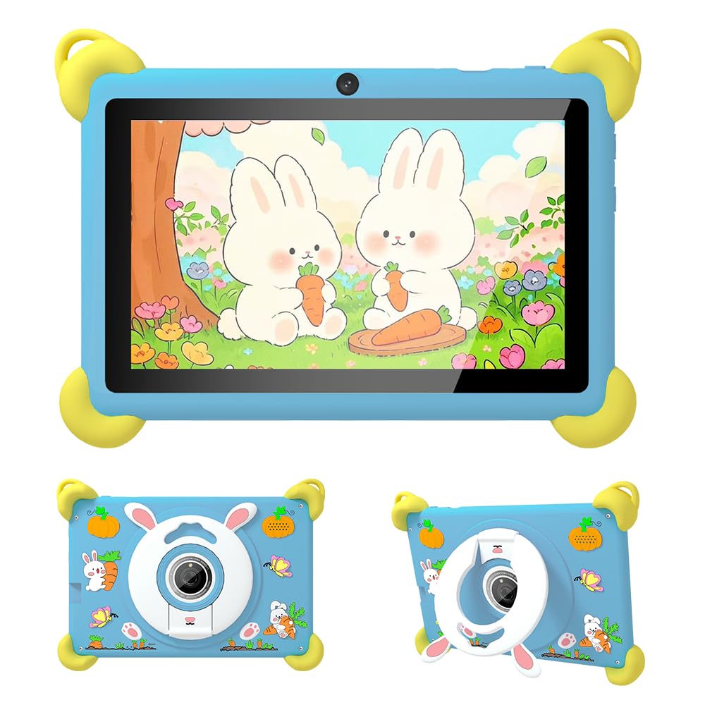 Veidoo 7-Zoll Android Kinder-Tablet, 2+32 GB, Dual-Kameras, stossfeste Hülle, integriertes Hasen-Stä