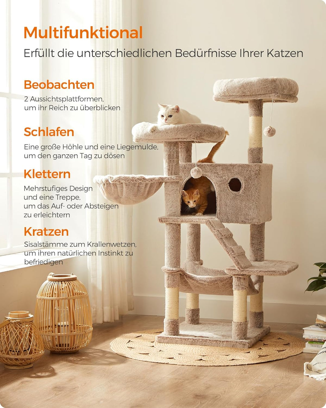 Feandrea Kratzbaum gross, Katzenbaum mit weichem Bezug, für grosse Katzen, Ombré-Braun-Weiss PCT162M