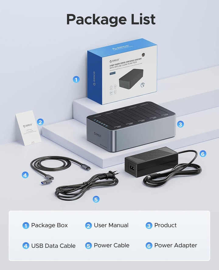 ORICO Aluminium Clone HDD Docking Station, 5 Bay Festplattengehäuse USB 3.2 Gen 1 für SATA 2,5/3,5 Z