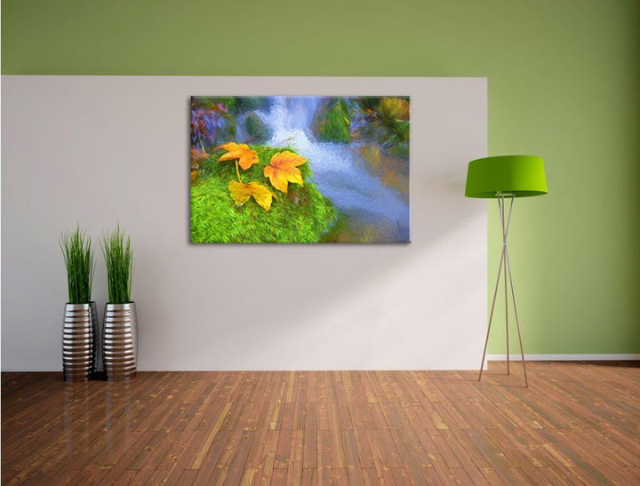 Pixxprint Herbstblätter am Wasserfall Bunstift Effekt, Format: 100x70 auf Leinwand, XXL riesige Bild