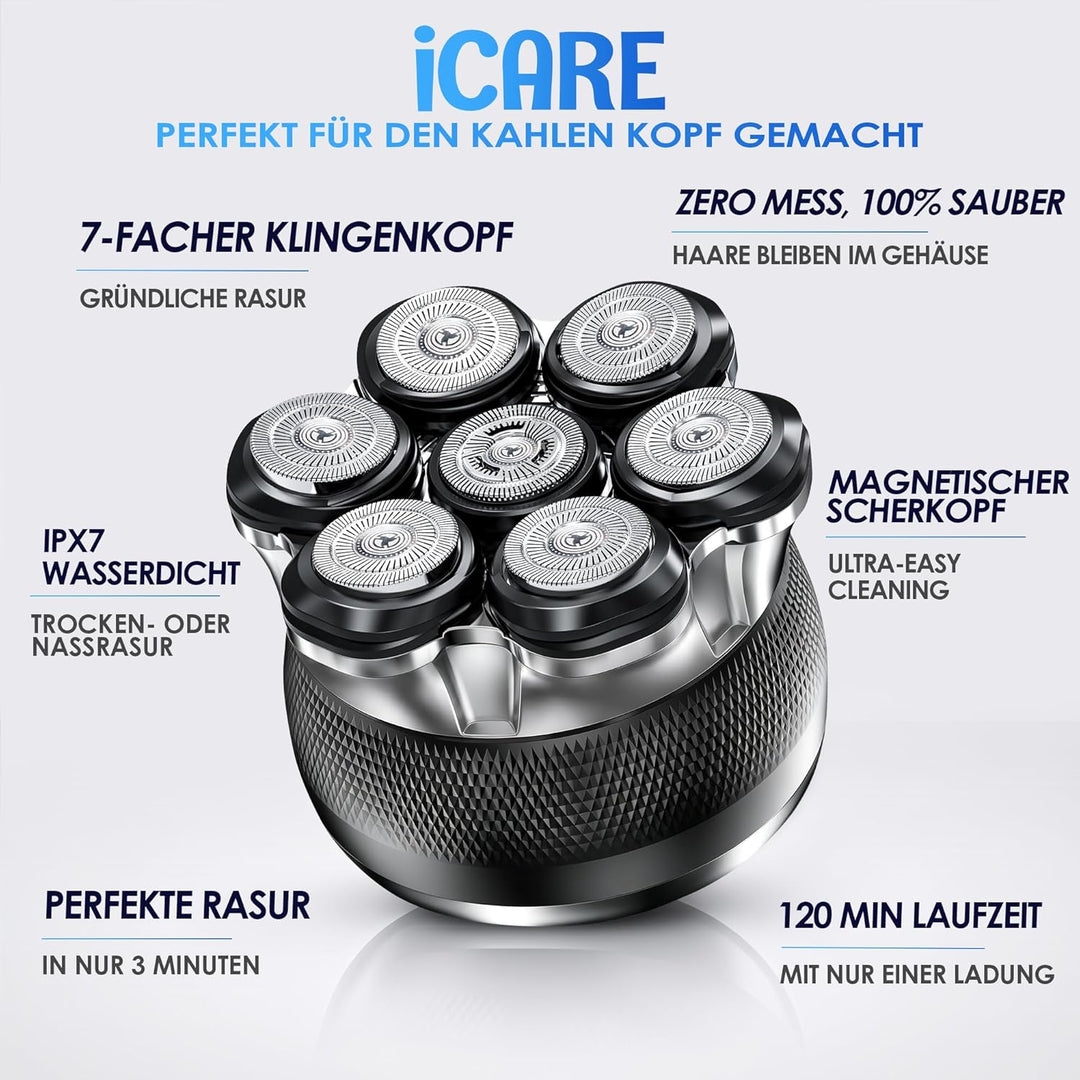ICARE Glatzen Rasierer Herren – 7D Kopfrasierer Glatze mit Magnetischem Scherkopf – IPX6 Glatzenrasi