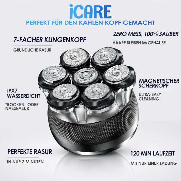 ICARE Glatzen Rasierer Herren – 7D Kopfrasierer Glatze mit Magnetischem Scherkopf – IPX6 Glatzenrasi