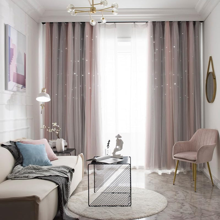 Freyamy Gardinen Rosa Grau Glänzend Sterne Vorhänge Blickdicht Kinderzimmer Halbtransparent H 250 X