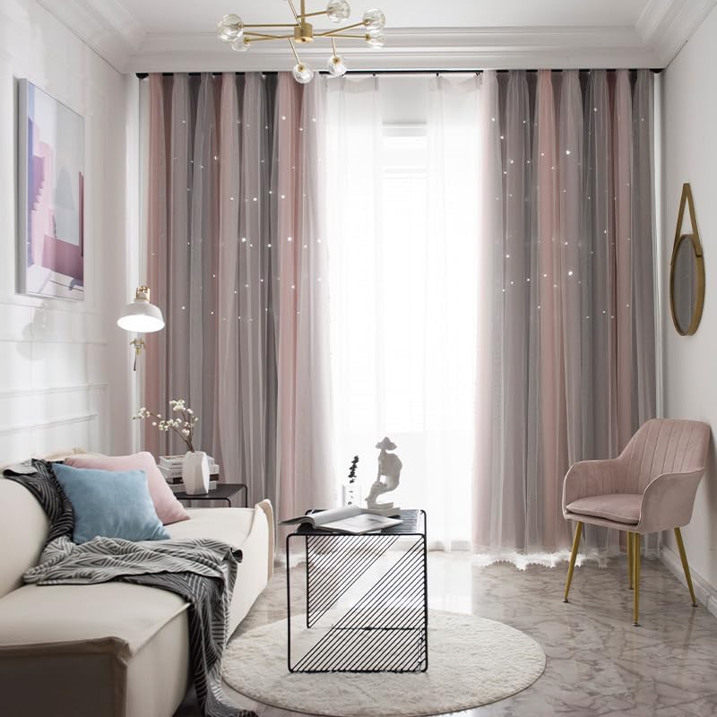 Freyamy Gardinen Rosa Grau Glänzend Sterne Vorhänge Blickdicht Kinderzimmer Halbtransparent H 210 X