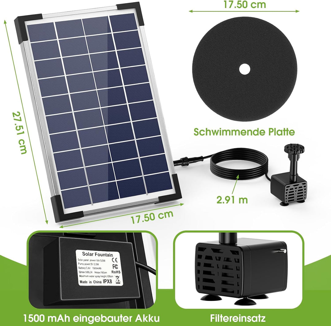 AISITIN Solar Springbrunnen 5.5W Solar Teichpumpe mit Solar Panel Eingebaute 1500mAh Batterie Wasser