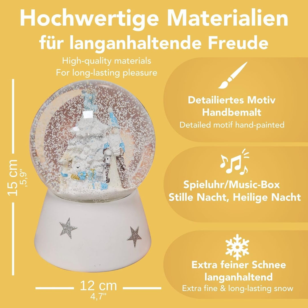 Schneekugel Weihnachten | Weihnachtsmann türkis Silber weiss | Sockel weiss gerade Sterne | H:16 cm