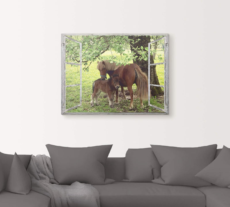 ARTland Leinwandbilder Wandbild Bild auf Leinwand 80x60 cm Wanddeko Fensterblick Fenster Pferd Pony