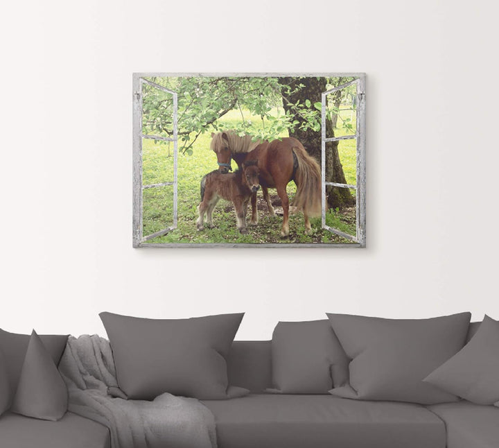 ARTland Leinwandbilder Wandbild Bild auf Leinwand 60x45 cm Wanddeko Fensterblick Fenster Pferd Pony