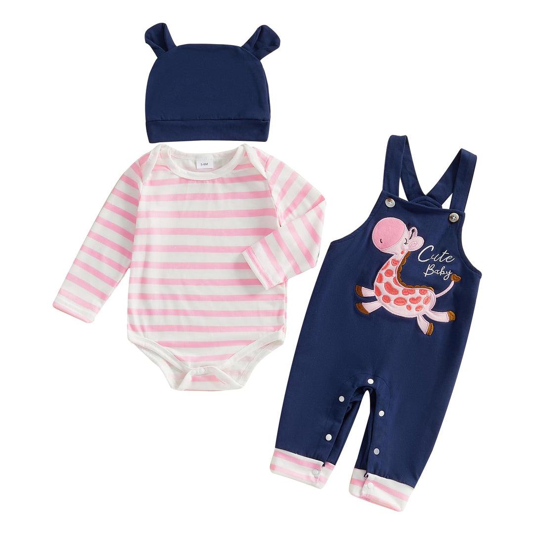 Beauace 3tlg Baby Mädchen Kleidung Langarm Gestreiftes Strampler + Latzhose mit Giraffenmuster + Bab