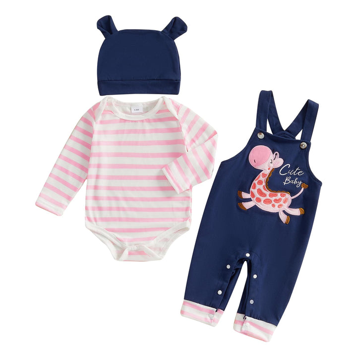 Beauace 3tlg Baby Mädchen Kleidung Langarm Gestreiftes Strampler + Latzhose mit Giraffenmuster + Bab