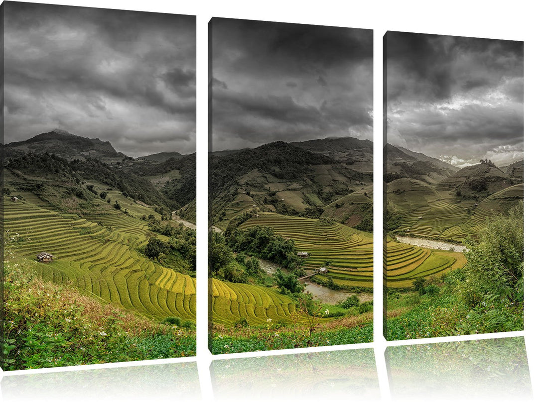 Pixxprint eine Berg Farm in Asien B&W Detail 3-Teiler Leinwandbild 120x80 Bild auf Leinwand