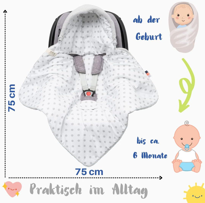 Mikos Baby Einschlagdecke Babyschale Frühling praktische Babydecke mit Kapuze für Neugeborenes (75cm