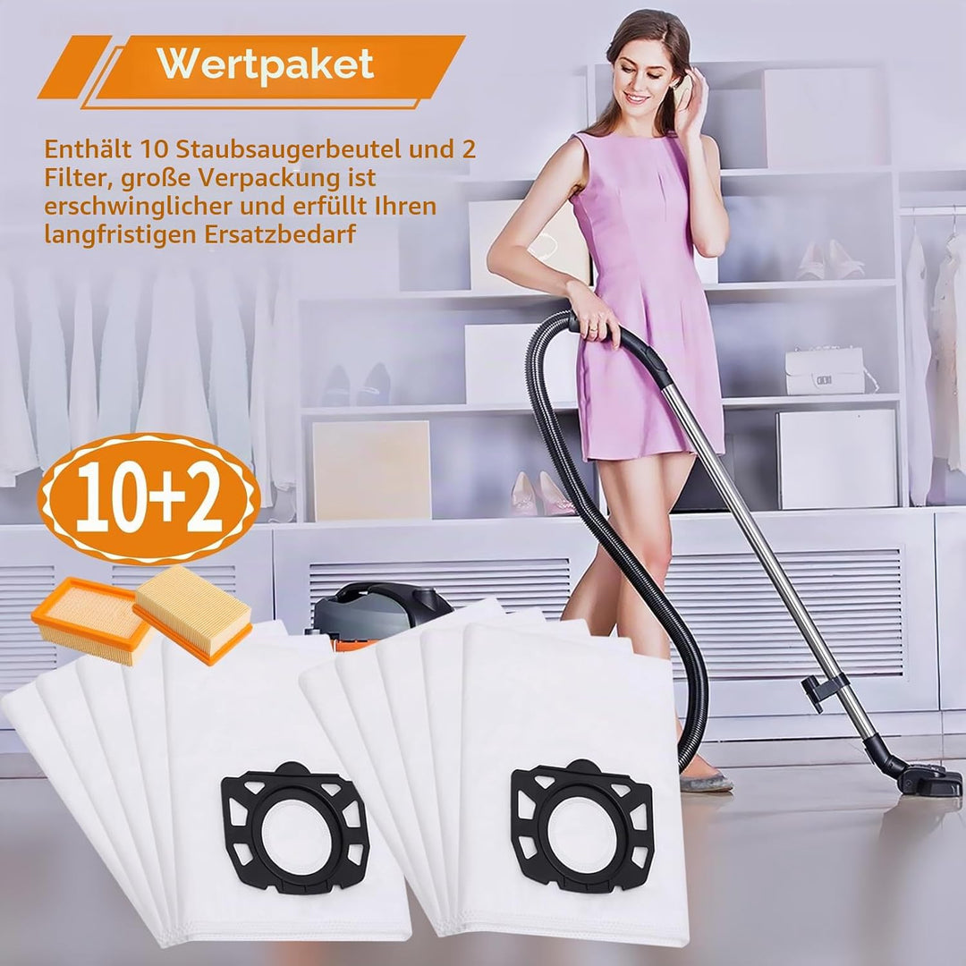 10 Stück WD6 Beutel für Kärcher Staubsaugerbeutel WD4 WD5 WD5P WD6P MV4 MV5 MV6 mit 2 Stück WD6 Filt