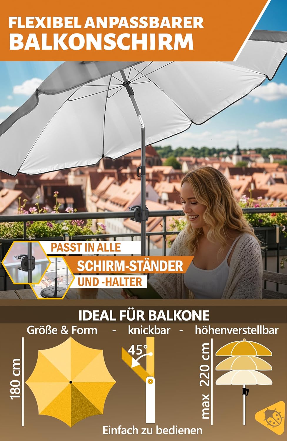4smile Sonnenschirm Balkon 3-in-1 SET SunnyJoy, Anthrazit - UPF 50+ Sonnenschirm Ø 180 cm + Sonnensc