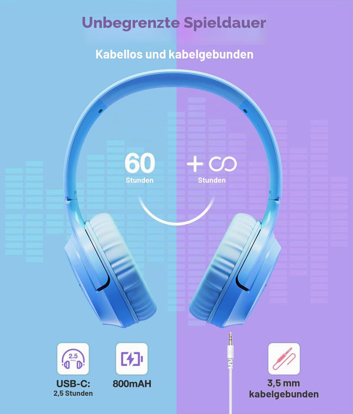 Kinder Kopfhörer Wireless 60H, Faltbare On Ear Kopfhörer mit MIC, Lautstärkebegrenzer 85dB/94dB Drah