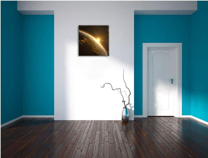 Pixxprint Die Sonne und Erde im Weltall als Leinwandbild Quadratisch/Grösse: 70x70 / Wandbild/Kunstd