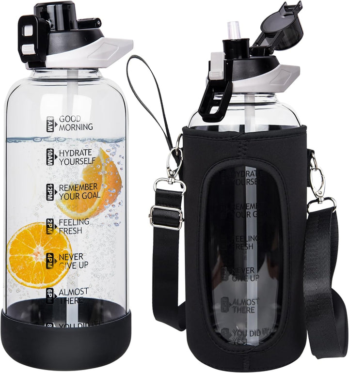 Seekua 2l Sport Trinkflasche Glas Flasche mit Strohhalm & Zeitmarkierung auslaufsicher bpa frei 2 li