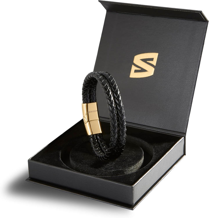 SERASAR Premium Lederarmband für Männer in Schwarz | Magnetverschluss aus Edelstahl in Schwarz, Silb
