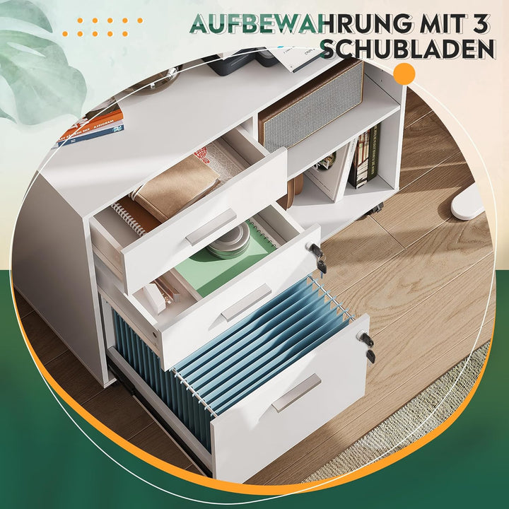 DEVAISE Rollcontainer mit 3 Schubladen und offenen Ablagen, Mobiler Aktenschrank mit Rollen, Drucker