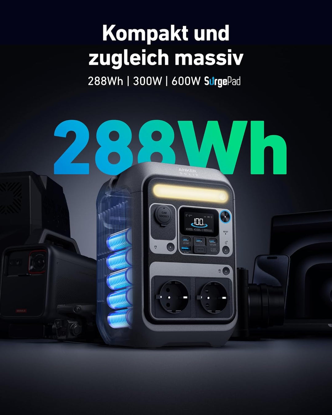 Anker SOLIX C300 Tragbare Powerstation, 288Wh LiFePO4 Akku, 300W (Max 600W) Solargenerator, 140W Bei