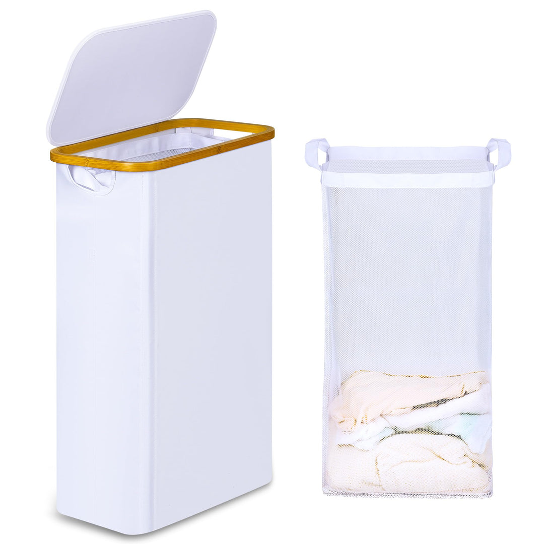 iEGrow Wäschekorb mit Deckel 60L, Schmal mit herausnehmbarer und waschbarer Innentasche, Bambus, fal