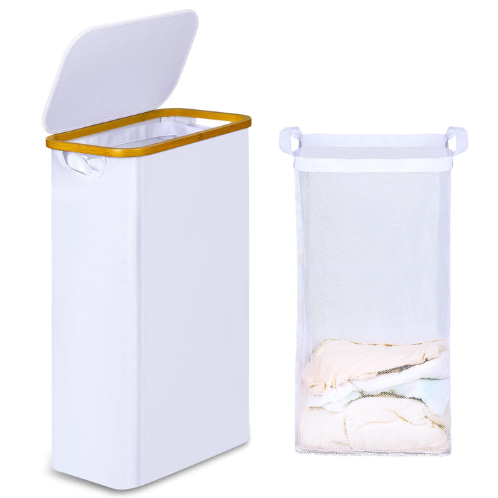iEGrow Wäschekorb mit Deckel 60L, Schmal mit herausnehmbarer und waschbarer Innentasche, Bambus, fal