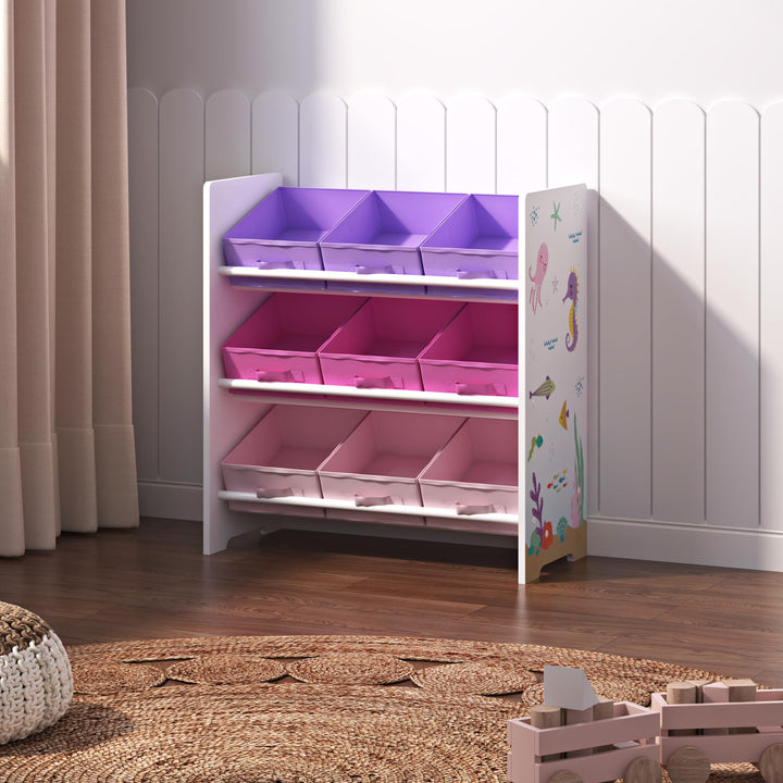 [en.casa] Kinderregal Boiro Kinderzimmerregal 60 x 62 x 30 cm stehend mit 9 Faltboxen Spielzeug Aufb