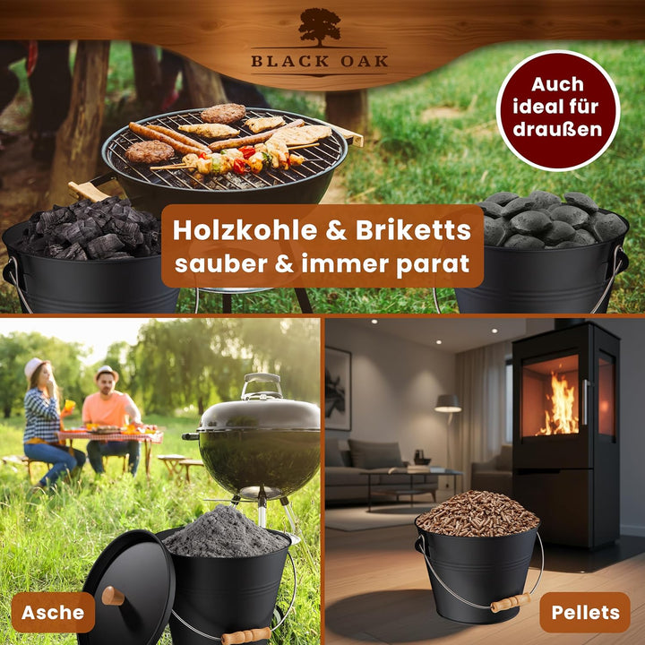 BLACK OAK Ascheeimer PAGO 5L - schwarz mit Deckel mit Holz-Griff + Feger + Schaufel & Handschuhen -