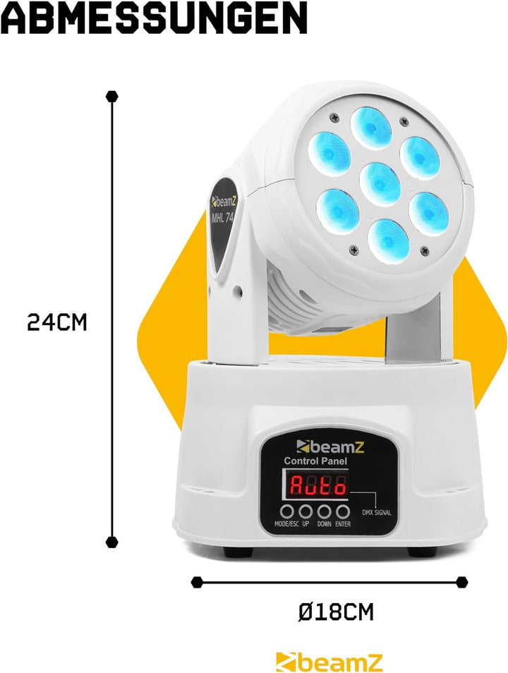 BEAMZ MHL74 Moving Head LED Disco Licht, mini Washer, RGBW Movinghead DMX, automatischer Modus, musi
