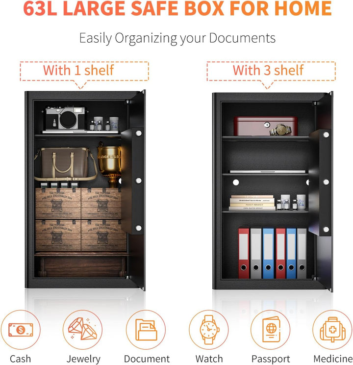 Safe Tresor mit Schlüssel, WASJOYE Möbeltresor mit Schlüssel-Schloss für Zuhause/Büro, 60L Gross Wan