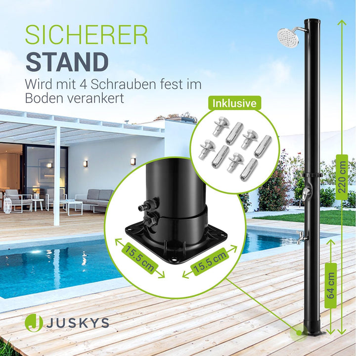 Juskys Solardusche Victoria 20/35 Liter – max. 60 °C ohne Stromanschluss – schwenkbarer Duschkopf &