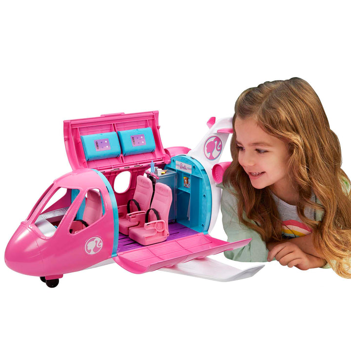 Barbie Flugzeug Dream Plane (ohne Barbie Puppe), mit beweglichen Räder und 15x Barbie Zubehör, in ro