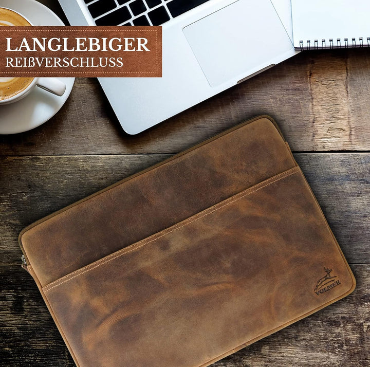 Fa.Volmer ® 15,6 Zoll Laptop Hülle aus edlem Büffelleder - braun - mit Metall-Reissverschluss - gepo
