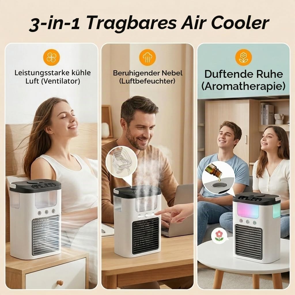 Tragbarer Luftkühler Ventilator, Mini Klimaanlage mit 3 Geschwindigkeiten & 3 Sprühmodi, 600ml Wasse