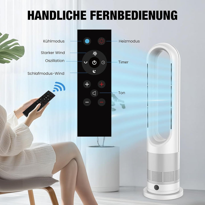 Turmventilator, Rotorlos Ventilator mit Kühlung und Heizen, Luftkühler sehr Leise, 8 Stufen Tower-Ve