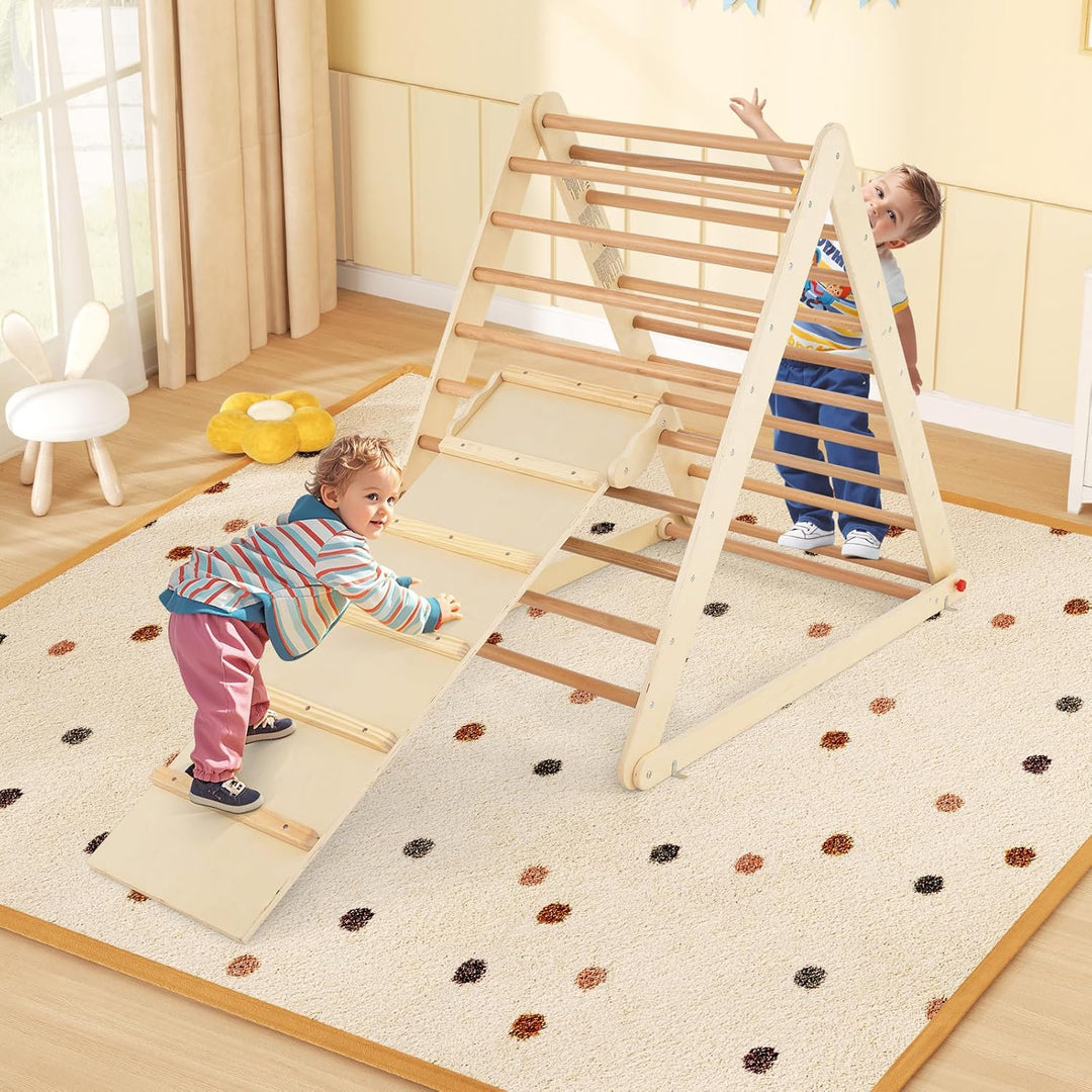 DREAMADE Kletterdreieck mit Rampe, klappbar Kletterspielzeug Holzdreieck aus Massivholz, Indoor Klet